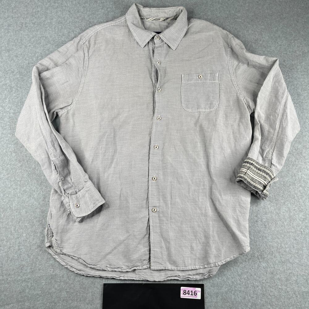 Tommy Bahama Shirt Large Gray Check Linen Blend Flip Cuff Button Up Long Sleeve